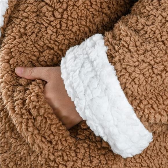 Catalonia Classic Reversible Sherpa Jacket, Fuzzy Winter Coat w/ Hood and Pocket - Picture 5 of 6